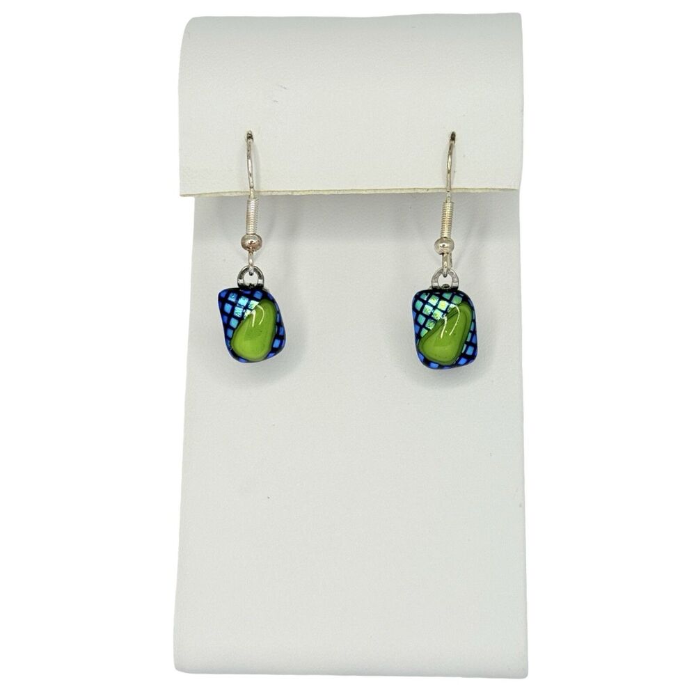 Artesian Dichroic Glass Dangle Earrings 1" Green & Blue Unique Murano Style - Picture 2 of 13